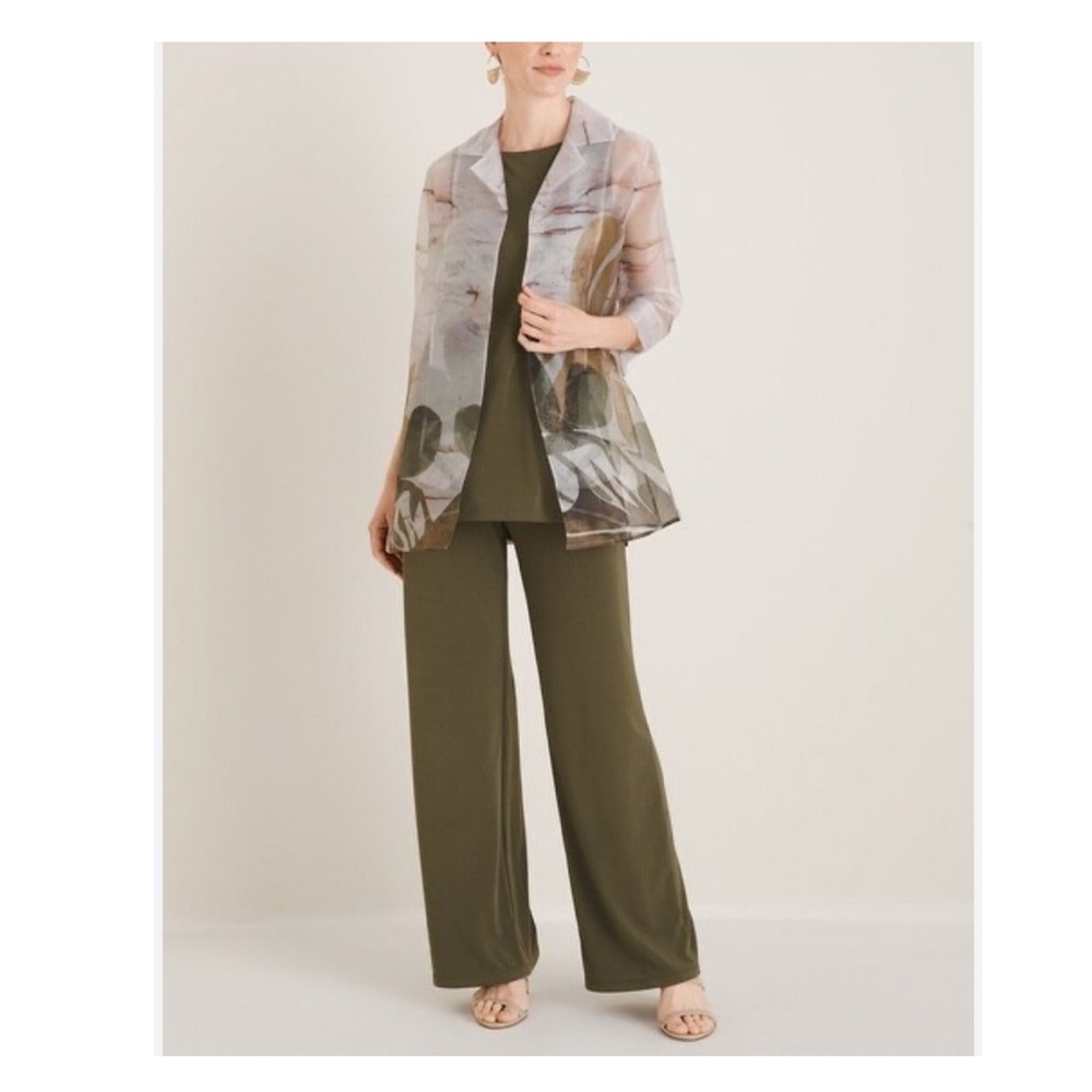 Chico’s Travelers Watercolor Sheer Organza, Back Pleats Open Front Jacket S EUC